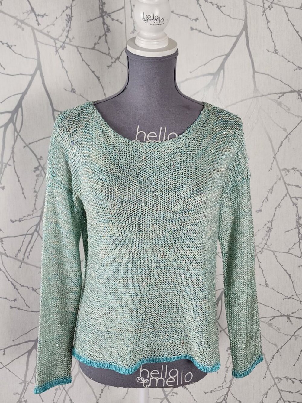 Sophyline Mint Green Open Knit Sequin Round Neck Sweater